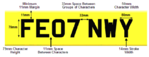 UK format yellow number plate showing the regulation dimensions to ensure number plate compliance