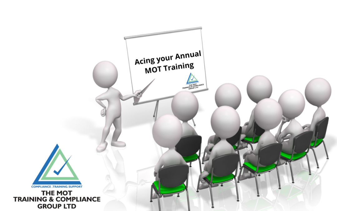 Grey people sat in chairs watching a grey person point to a board which states Acing Your Annual MOT Tester Training